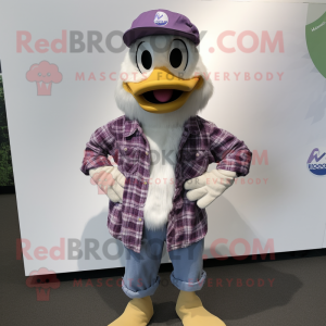 Purple Gosling mascot costume character dressed with a Button-Up Shirt and Beanies