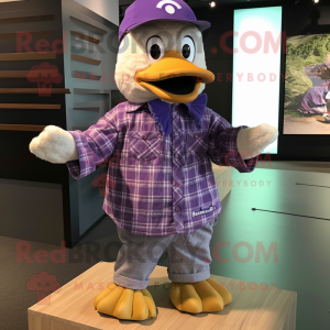 Purple Gosling mascot costume character dressed with a Button-Up Shirt and Beanies