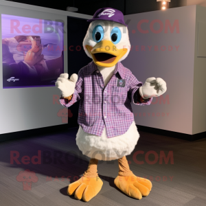Purple Gosling mascot costume character dressed with a Button-Up Shirt and Beanies