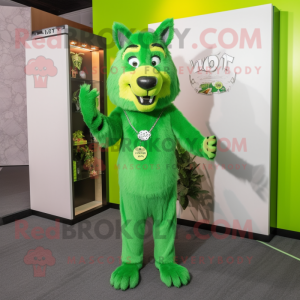 Lime Green Say Wolf mascot costume character dressed with a Shift Dress and Lapel pins