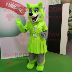 Lime Green Say Wolf mascot costume character dressed with a Shift Dress and Lapel pins