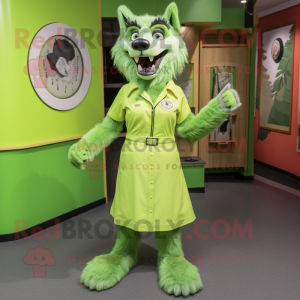 Lime Green Say Wolf mascot costume character dressed with a Shift Dress and Lapel pins