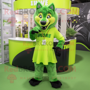 Lime Green Say Wolf mascot costume character dressed with a Shift Dress and Lapel pins