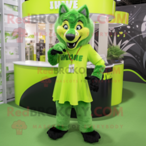 Lime Green Say Wolf mascot costume character dressed with a Shift Dress and Lapel pins