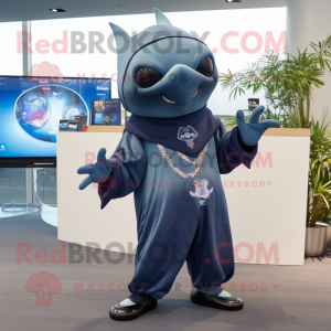 Navy Manta Ray mascot costume character dressed with a Trousers and Necklaces