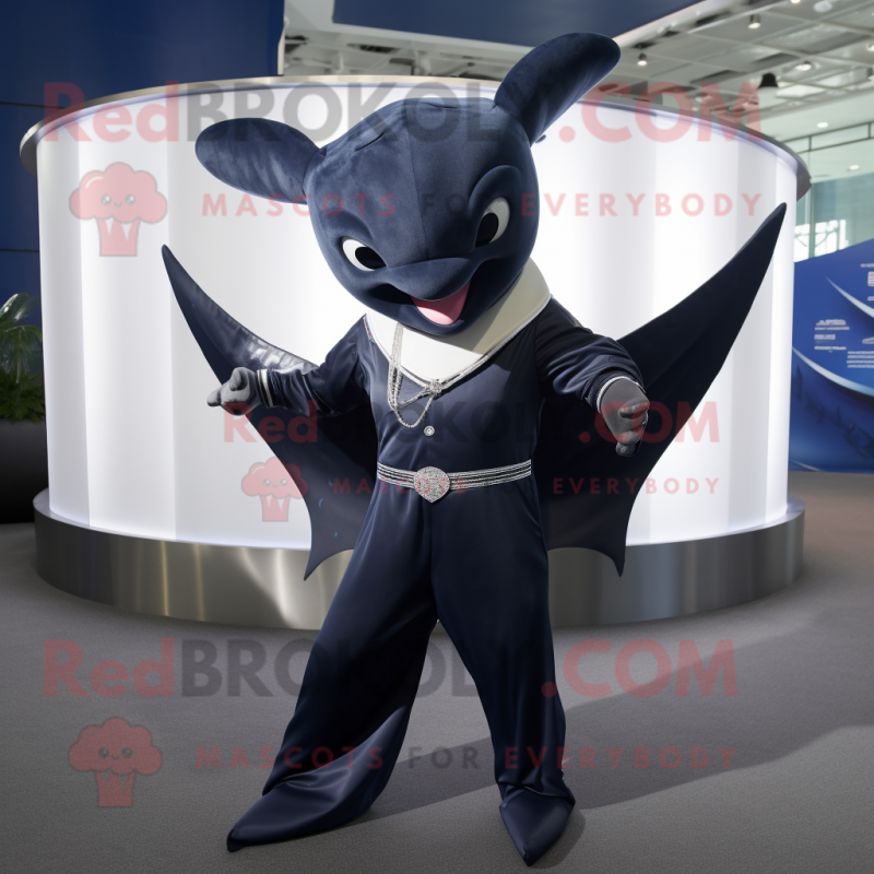 Navy Manta Ray mascot costume character dressed with a Trousers and Necklaces Navy Manta Ray mascot costume character dressed with a Trousers and Necklaces