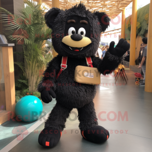 Black Candy mascot costume character dressed with a Corduroy Pants and Backpacks