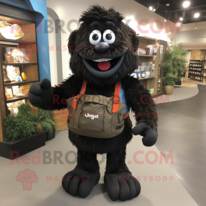 Black Candy mascot costume character dressed with a Corduroy Pants and Backpacks