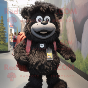 Black Candy mascot costume character dressed with a Corduroy Pants and Backpacks