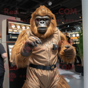 Tan Gorilla mascot costume character dressed with a Bodysuit and Gloves