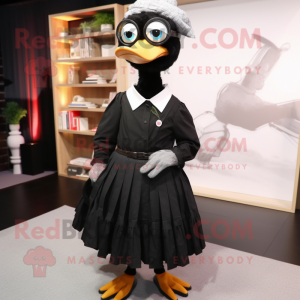 Black Gosling mascot costume character dressed with a Pleated Skirt and Eyeglasses