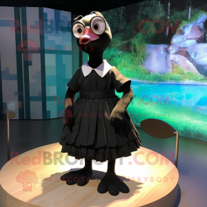 Black Gosling mascot costume character dressed with a Pleated Skirt and Eyeglasses