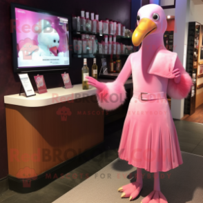 Pink Albatross mascot costume character dressed with a Cocktail Dress and Smartwatches