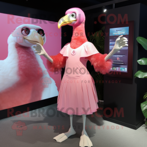 Pink Albatross mascot costume character dressed with a Cocktail Dress and Smartwatches