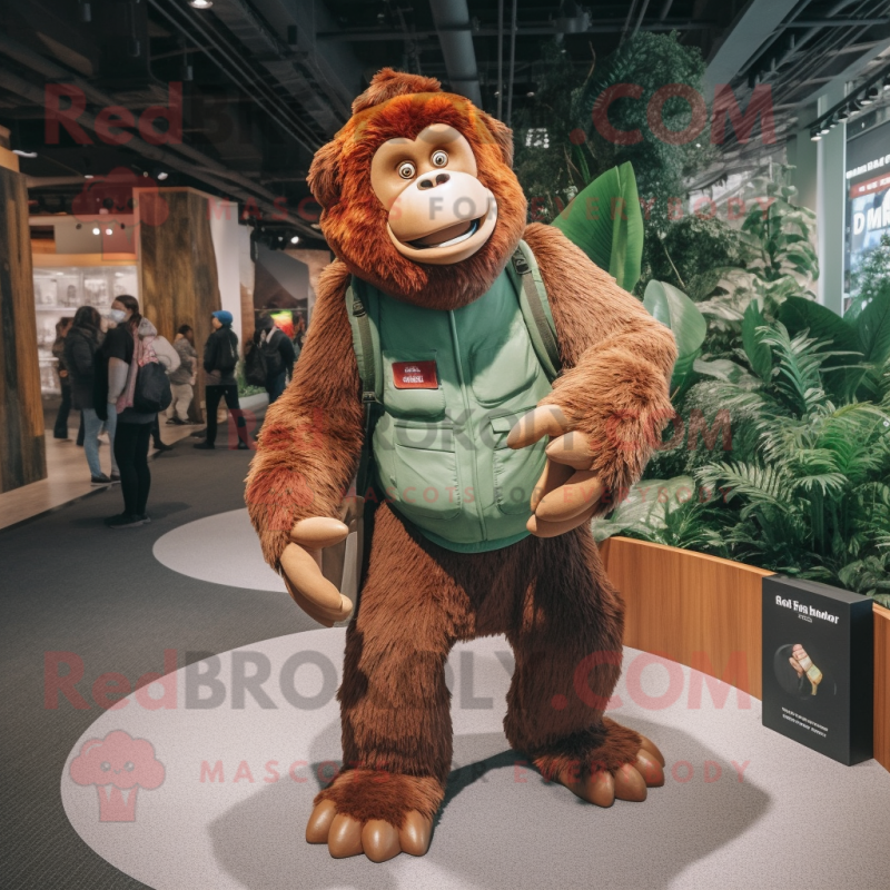 Forest Green Orangutan mascot costume character dressed with a Corduroy Pants and Backpacks