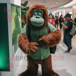 Forest Green Orangutan mascot costume character dressed with a Corduroy Pants and Backpacks