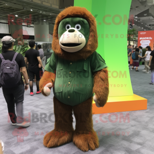 Forest Green Orangutan mascot costume character dressed with a Corduroy Pants and Backpacks