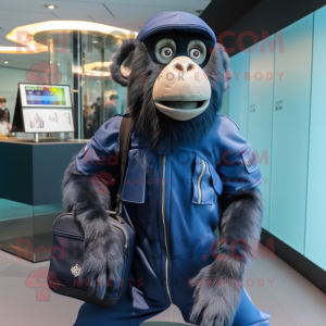 Navy Baboon mascot costume character dressed with a Bodysuit and Handbags