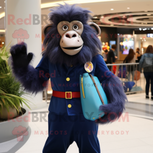 Navy Baboon mascot costume character dressed with a Bodysuit and Handbags