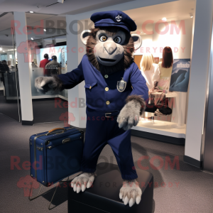 Navy Baboon mascot costume character dressed with a Bodysuit and Handbags