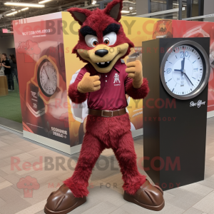 Maroon Chupacabra mascot costume character dressed with a Flannel Shirt and Bracelet watches