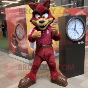 Maroon Chupacabra mascot costume character dressed with a Flannel Shirt and Bracelet watches