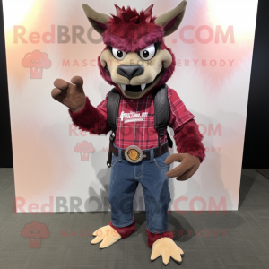Maroon Chupacabra mascot costume character dressed with a Flannel Shirt and Bracelet watches