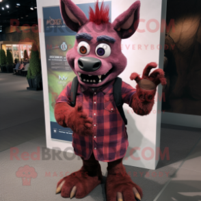 Maroon Chupacabra mascot costume character dressed with a Flannel Shirt and Bracelet watches