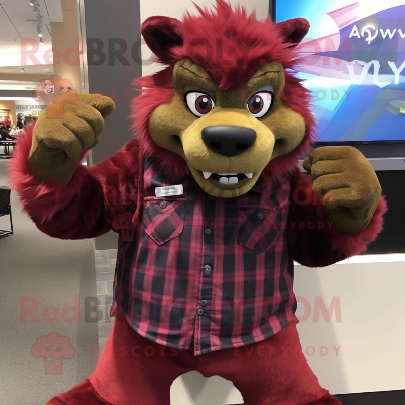 Maroon Chupacabra mascot costume character dressed with a Flannel Shirt and Bracelet watches