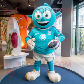 Turquoise Rugby Ball mascot costume character dressed with a Rugby Shirt and Brooches