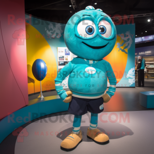 Turquoise Rugby Ball mascot costume character dressed with a Rugby Shirt and Brooches