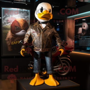 Rust Duck mascot costume character dressed with a Biker Jacket and Hairpins