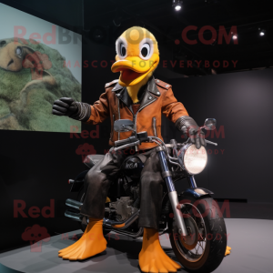 Rust Duck mascot costume character dressed with a Biker Jacket and Hairpins