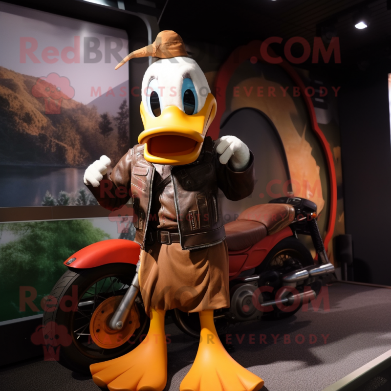 Rust Duck mascot costume character dressed with a Biker Jacket and Hairpins