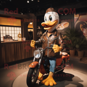 Rust Duck mascot costume character dressed with a Biker Jacket and Hairpins