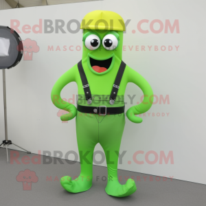 Lime Green Squid mascot costume character dressed with a Overalls and Belts