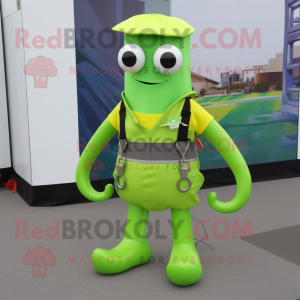 Lime Green Squid mascot costume character dressed with a Overalls and Belts