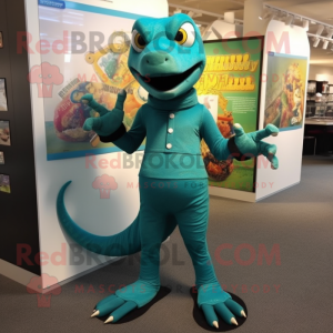 Teal Lizard mascot costume character dressed with a Graphic Tee and Anklets