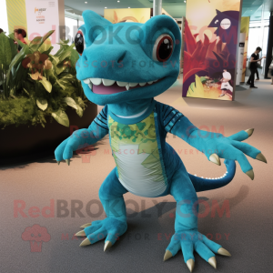 Teal Lizard mascot costume character dressed with a Graphic Tee and Anklets