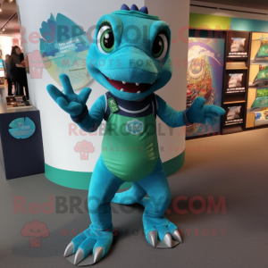 Teal Lizard mascot costume character dressed with a Graphic Tee and Anklets