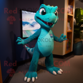 Teal Lizard mascot costume character dressed with a Graphic Tee and Anklets