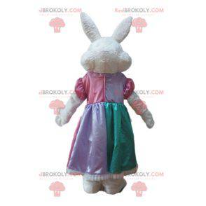 Weißes und rosa Kaninchenmaskottchen mit einem Prinzessinkleid