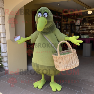 Olive Hens mascot costume character dressed with a Capri Pants and Tote bags