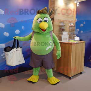 Olive Hens mascot costume character dressed with a Capri Pants and Tote bags