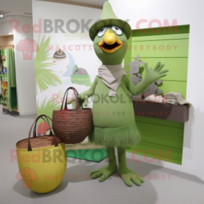 Olive Hens mascot costume character dressed with a Capri Pants and Tote bags