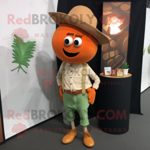 Rust Melon mascot costume character dressed with a Chinos and Lapel pins