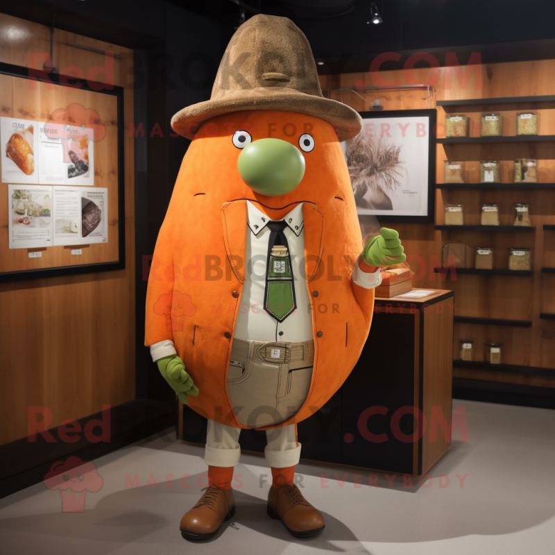 Rust Melon mascot costume character dressed with a Chinos and Lapel pins