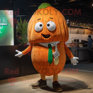 Rust Melon mascot costume character dressed with a Chinos and Lapel pins