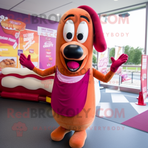 Magenta Hot Dog mascot costume character dressed with a Tank Top and Anklets