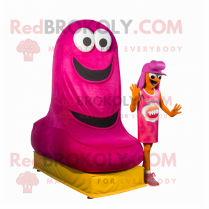 Magenta Hot Dog mascot costume character dressed with a Tank Top and Anklets